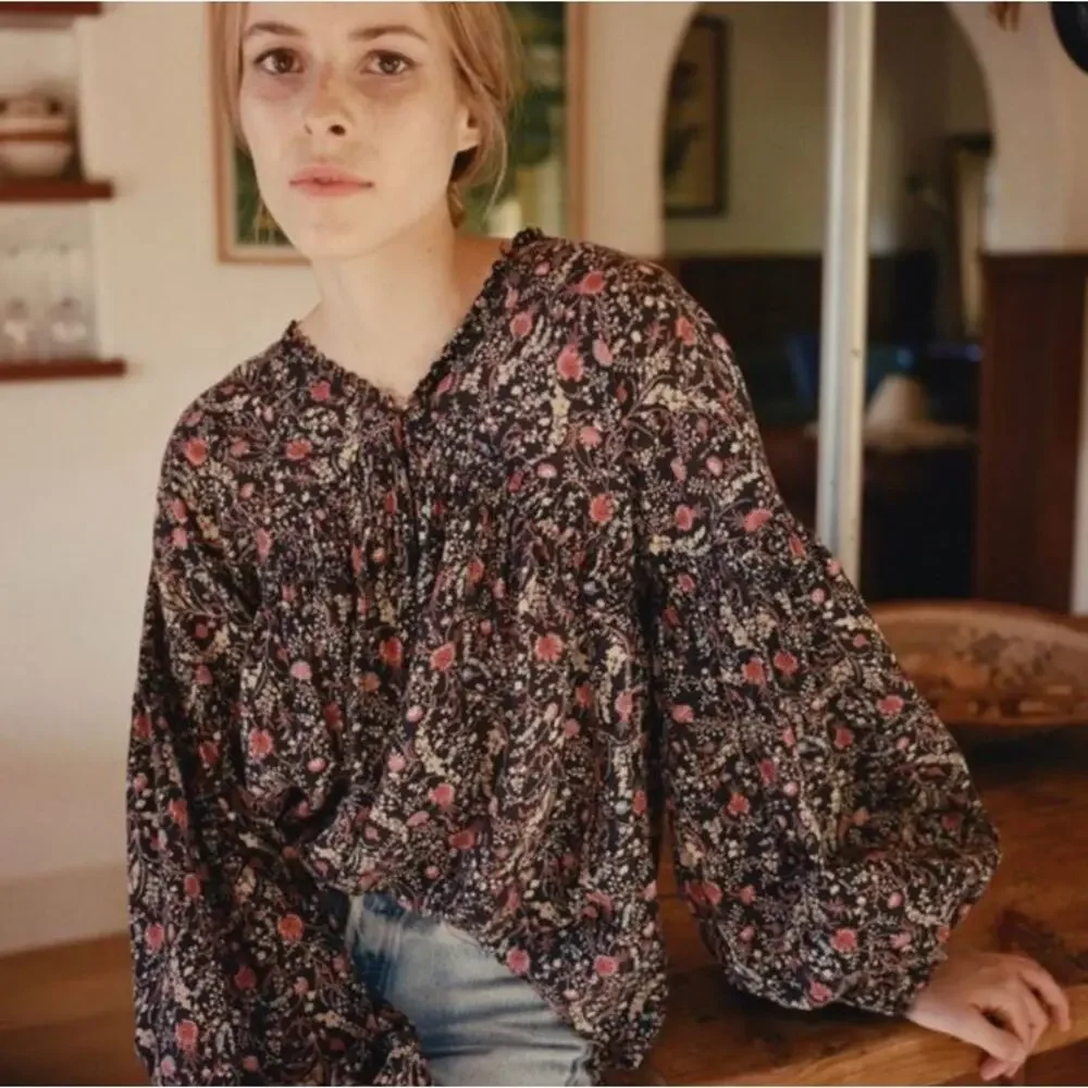 DOEN Thistle Top in Black Multi Floral Print M Boho - Picture 2 of 10